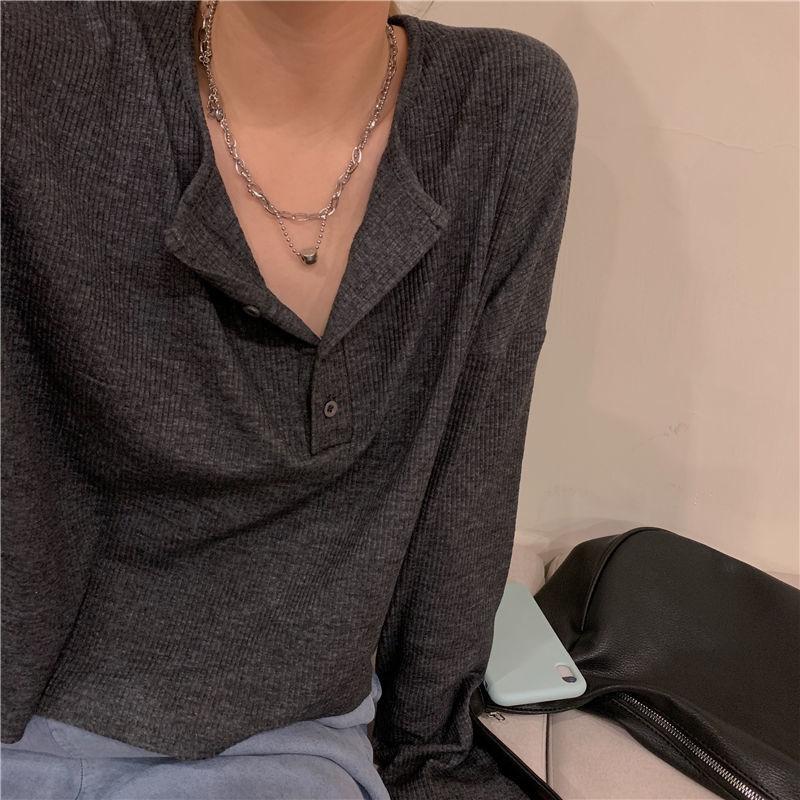 Long Sleeve T-shirts Women Elegant Simple Pure Button Design Retro Ins Autumn Ladies Tees Top All-match BF Style Mujer Clothes