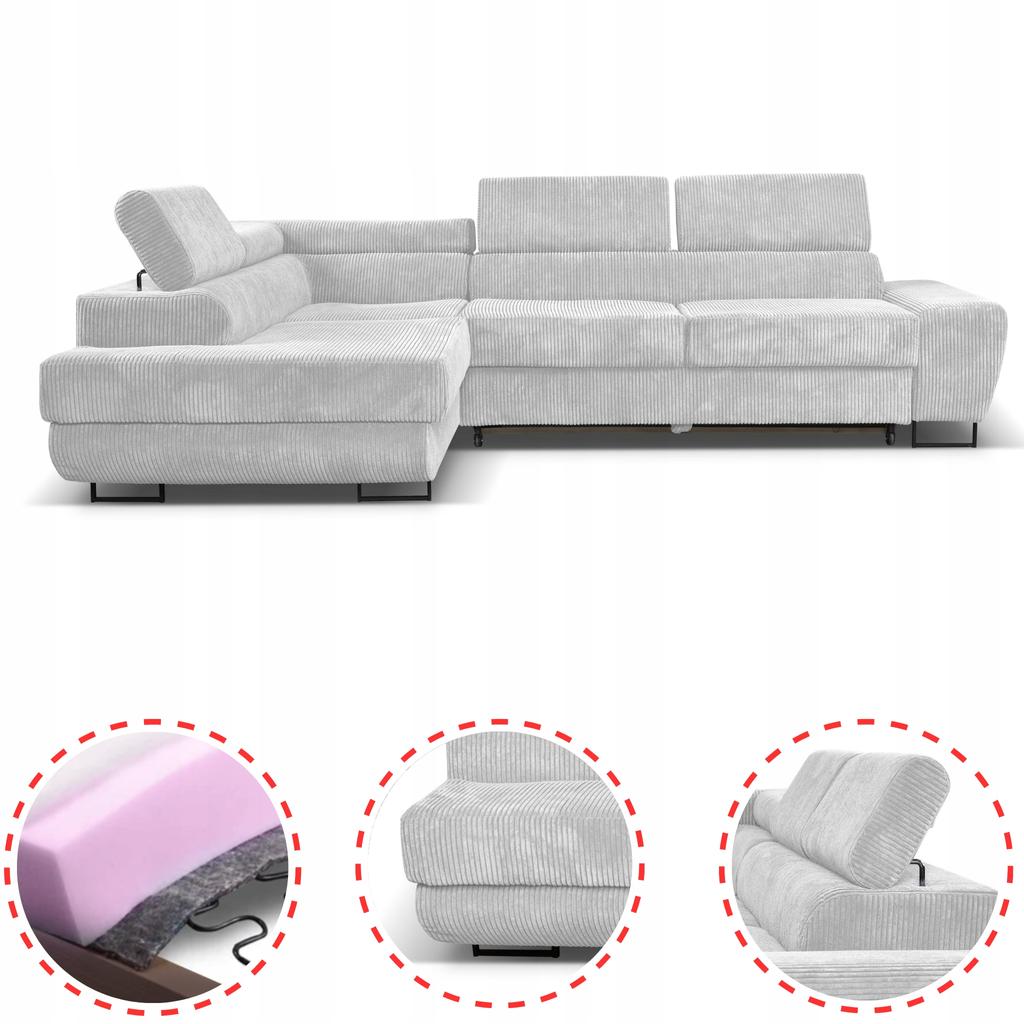 Corner Sofa, Foldable, F, Sleeping, Savio, Left, Family Furniture, Gray Corduroy