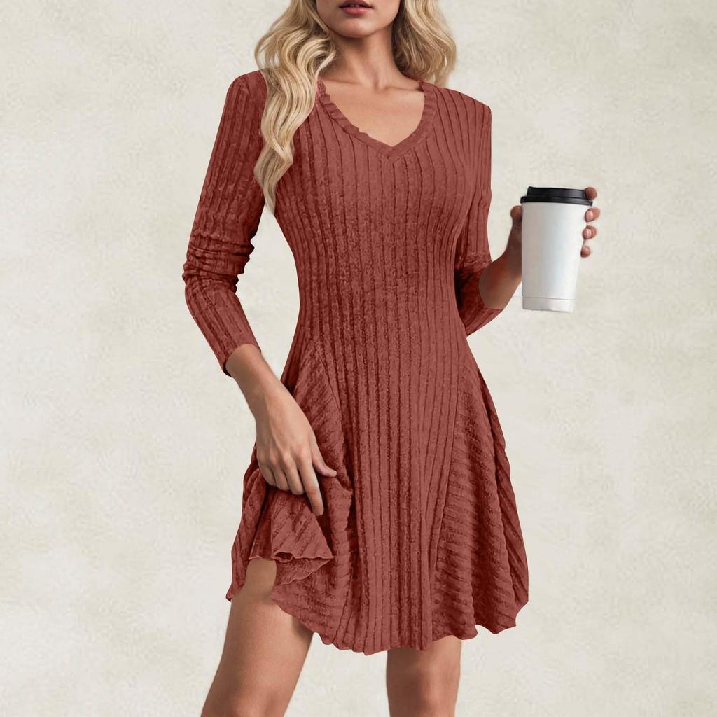 Women's Fashion Casual Solid Color V-neck Long-sleeve A-line Dress