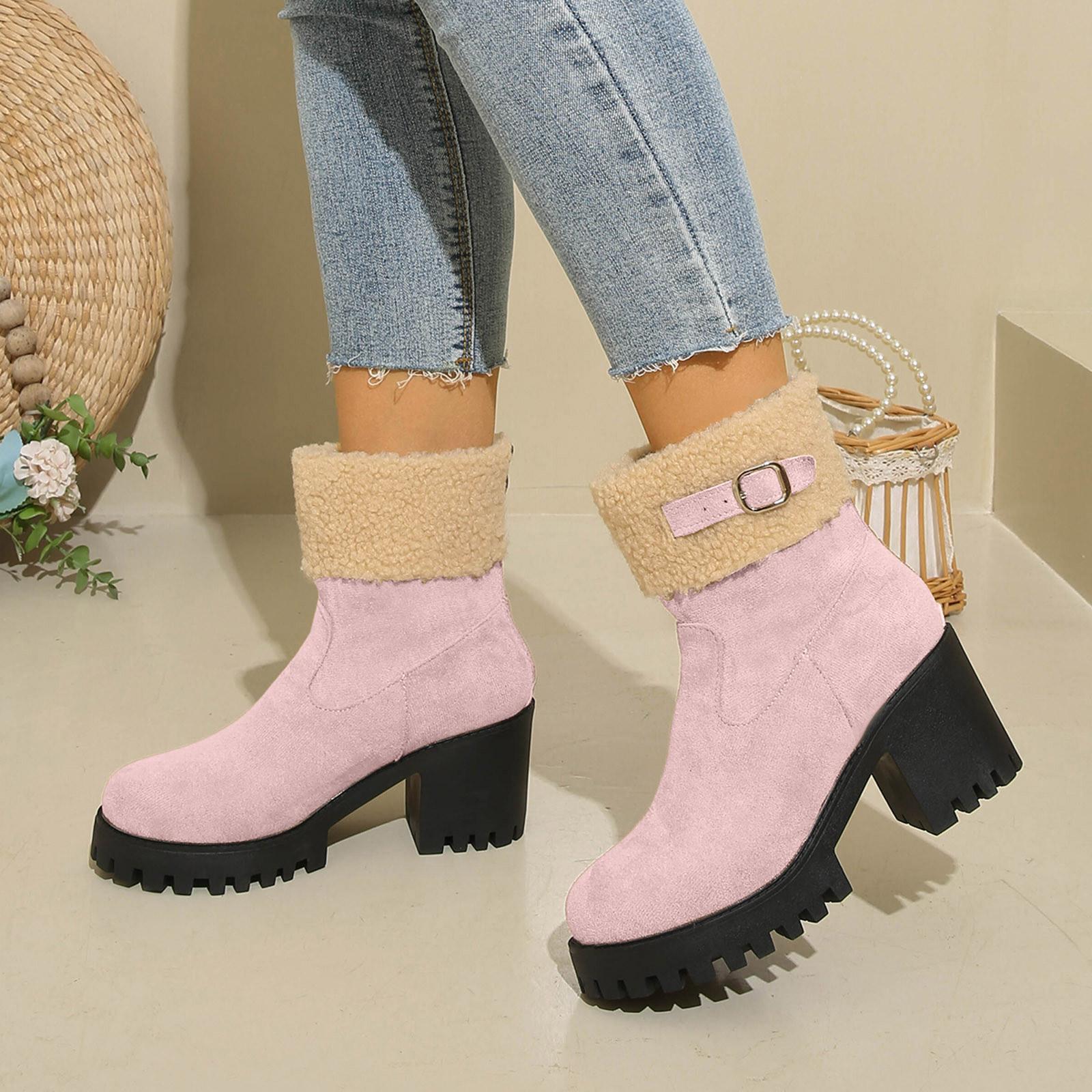 Women s Boots Korean Round Toe Thick Heel Cotton Boots Two Way Wear Large Size Women s Cotton Leather Lace up Boots for Women 37 розовый