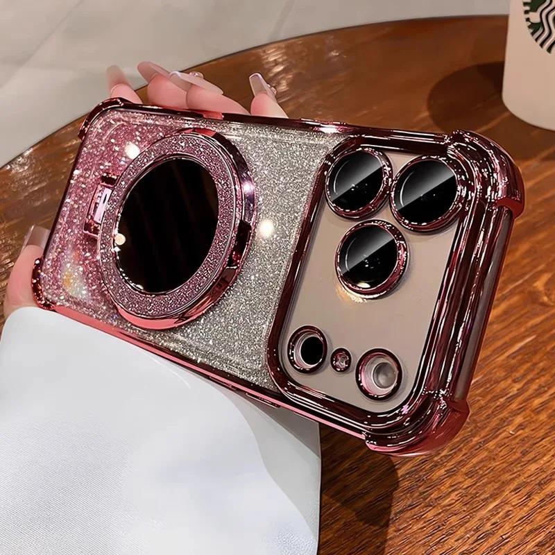 Luxury Glitter Bracket Stand Case for iPhone 17 16 15 14 Pro Max Plus 12 13 Air Mirror Ring Holder Make Up Bling Gradient Cover