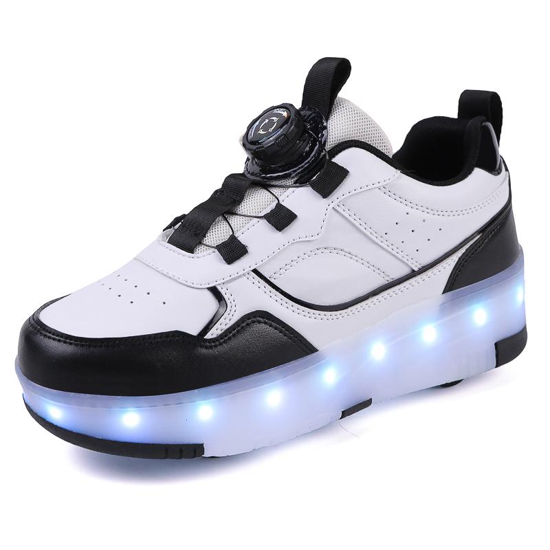 Kid's Rotating Button Wear Quick Four Wheel Running Shoes with Wheels Sports Shoes USB Charging LED Light Sports Shoes Girls Roller Skates