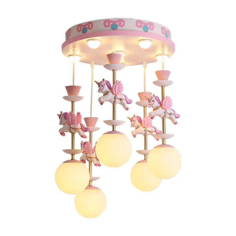 Children's Room Cartoon LED Chandelier Creative Girls Nordic Creative Unicorn Pink Chandelier Restaurant Bedroom Hanging Lamp