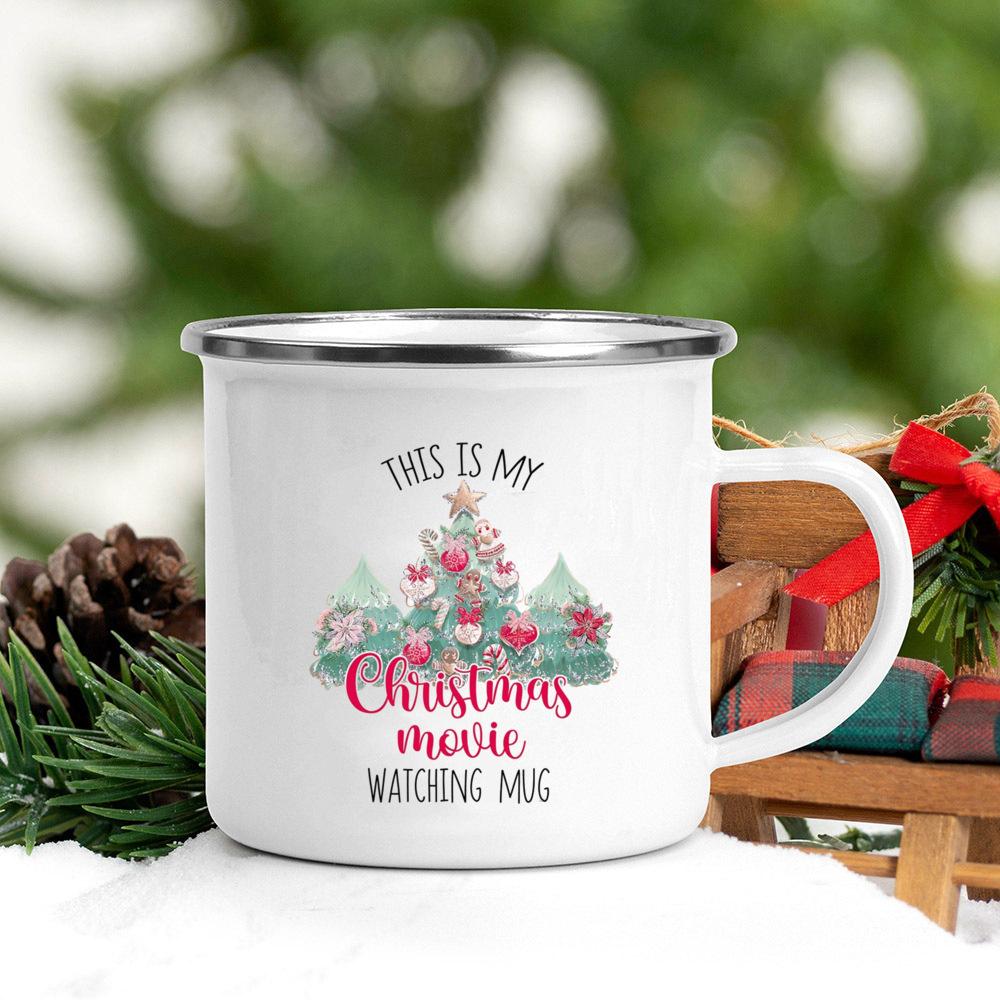 Christmas Printed Coffee Mugs With Handle Breakfast Milk Cups Enamel Drinking Cup Party Home Decorations Gifts for Friend Family