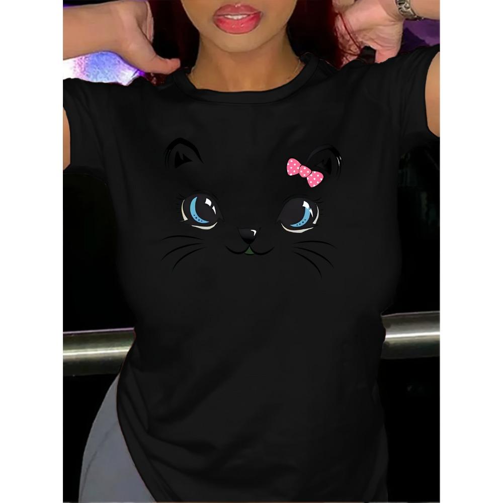 

Women s Casual Cat Print T-Shirt - Soft Stretchy Crew Neck Short Sleeve Top XXS