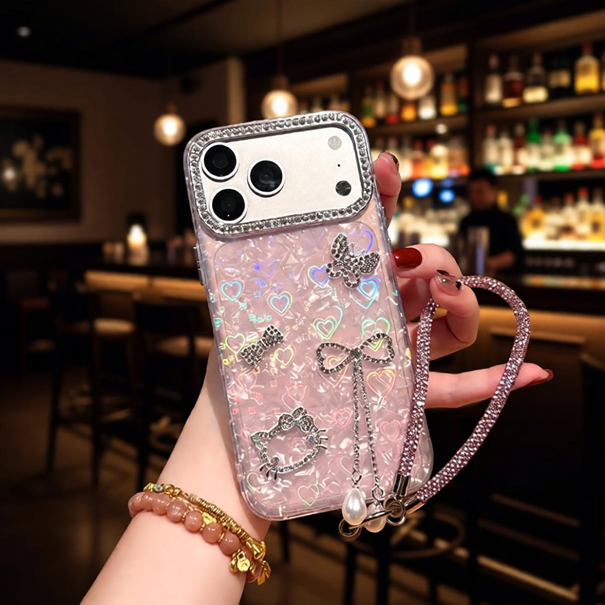 

3D Bow KT Cat Rhinestone Glitter Phone Case with Lanyard for iPhone 17/14/13/12 iPhone 14 Pro Max
