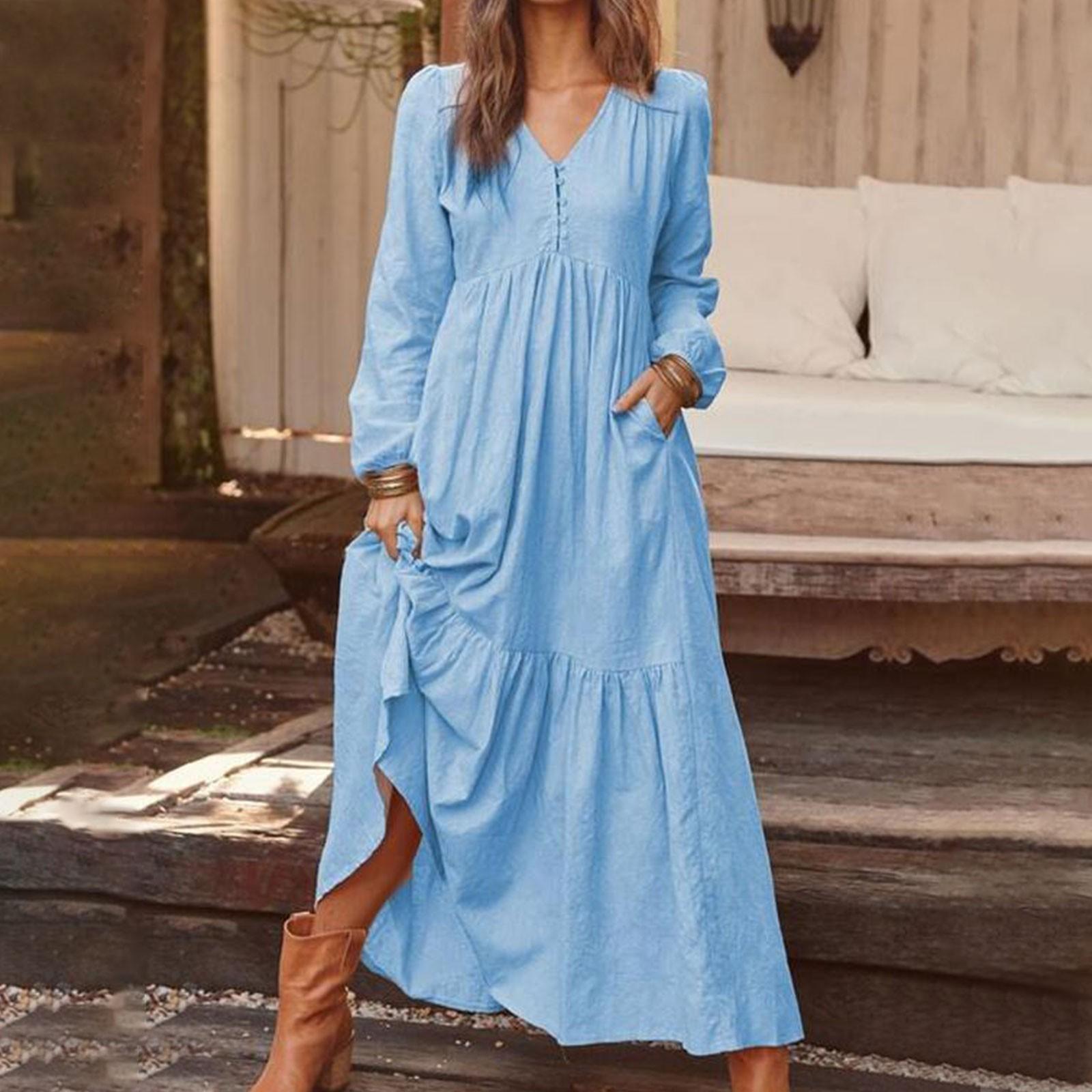 

Женское повседневное платье макси с длинными рукавами, свободное многослойное платье с V-образным вырезом на пуговицах и высокой талией L светло-синий