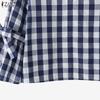 ZANZEA Women Casual V-Neck 3/4 Sleeve Loose Grid Print Blouse