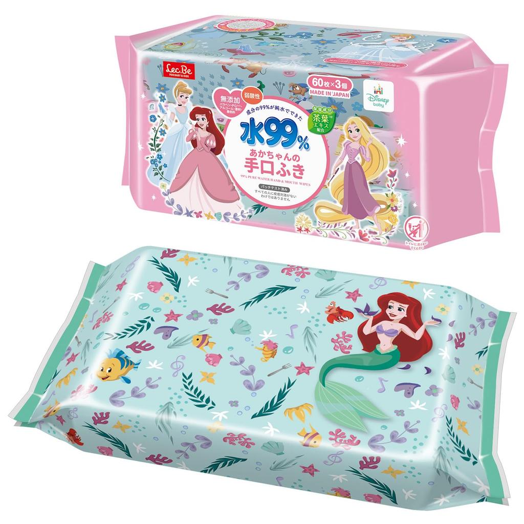 LEC Disney Pure Water Hand and Mouth 60 sheets x 3 packs Mildly Contains Moisturizing Ingredients Leaf Made in No Additives Propylene or 99% Wipes,
