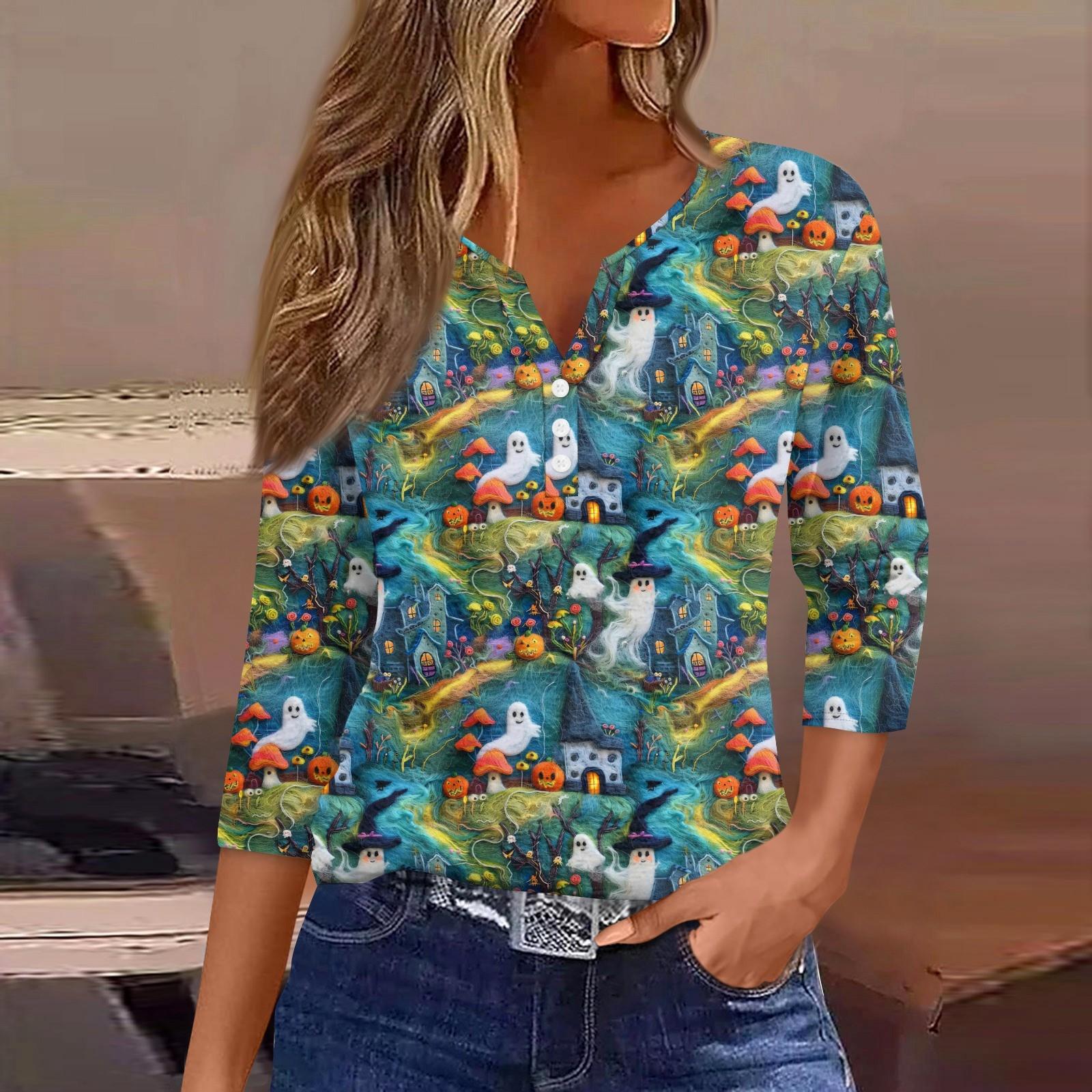 

Жен. Футболка Футболка С принтом Пуговицы Рукав 3/4Ежедневно Выходные Мода Классический Топ с v-образным вырезом Обычный S