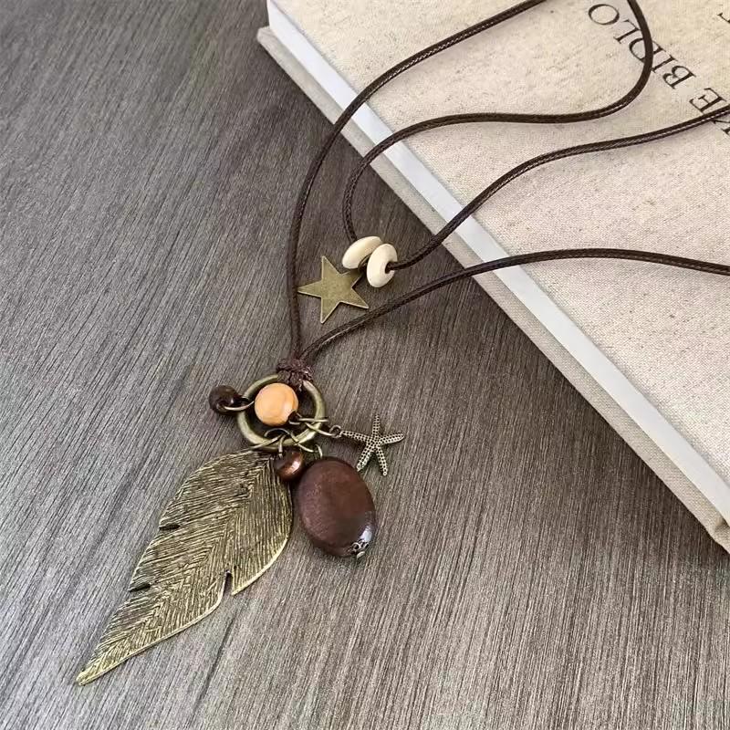 Women's Double Layer Retro Ethnic Beaded Zen Necklace with Feather Pendant
