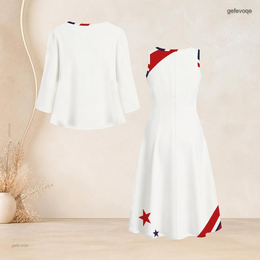 Women Plus Size Two Piece Outfit Three Quarter Sleeve Cardigan Sleeveless Star Stripe Printed White Long Dress