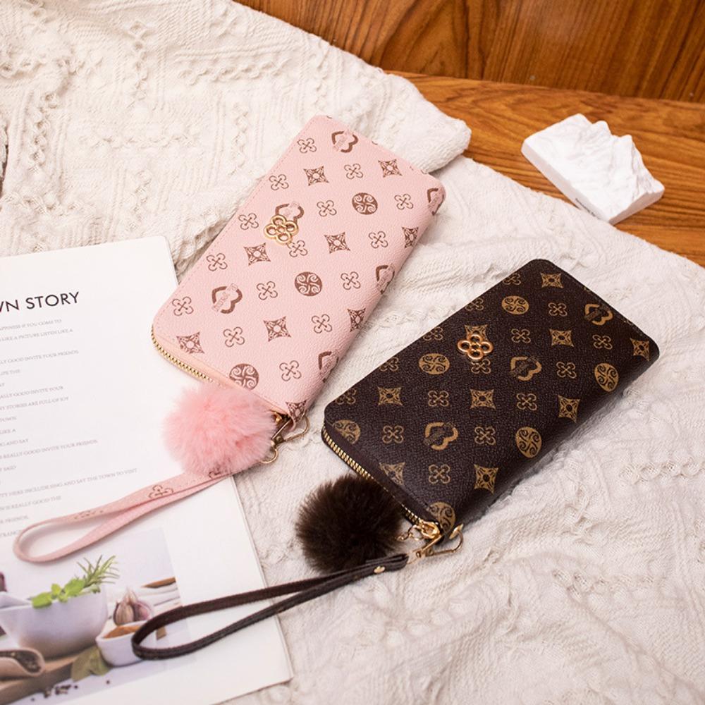 Portable Women Long Wallet Large Capacity PU Leather Zipper Coin Purse Long Clutch Bag Fluffy Ball and Printed Decoration