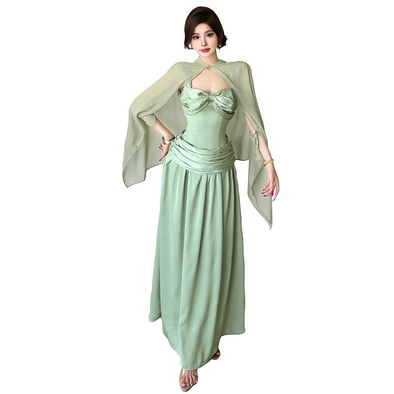 2026 European and American style summer new women's clothing solid color mesh shawl high waist slim dress women