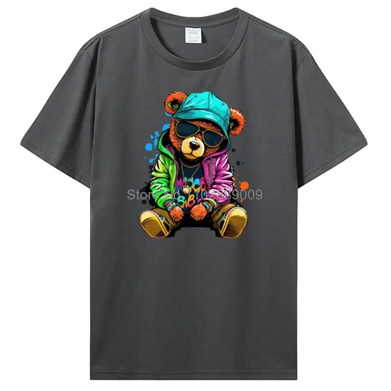 Teddy Bear Playing Badminton T-shirt Cotton Clothing Tops Graphics Kawaii Men Women Short Sleeve Print TShirt Tees Women Men