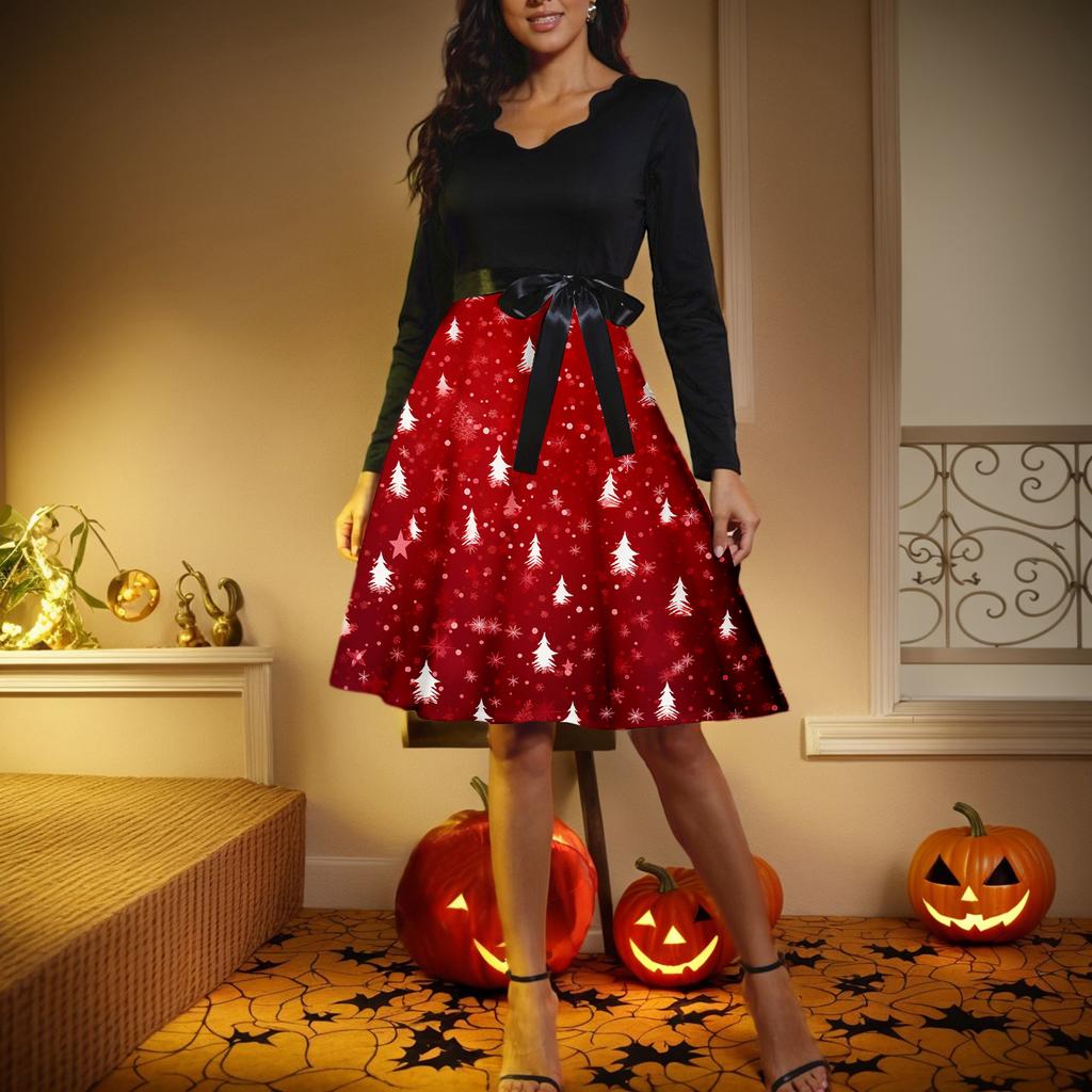 Vestido retrô feminino casual com decote em V e manga comprida, estampa retrô de Natal