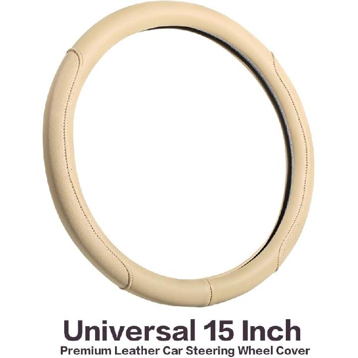 VARGTR Microfiber Leather Steering Wheel Cover With Classic Embossing, Anti-Slip Breathable Auto Car Wheel Protector, Fit 15 Inch (Beige)