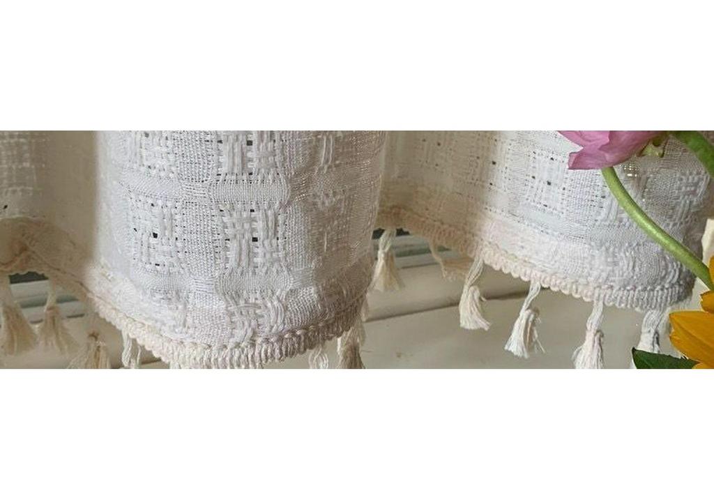 Sheer Plaid Bay Window Curtains, Chajiji Style, Tassel, Non-See-Through, No-Punch Magic Sticker, Ideal for Balcony or Living Room.