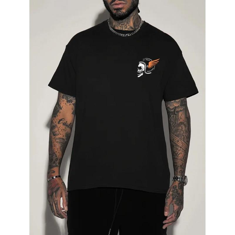 Tamanho Europeu Camiseta Masculina "Ride Fast" com Estampa de Caveira - Preta Casual de Verão com Estampa Ousada "RIDE FAST" e Design de Asas,