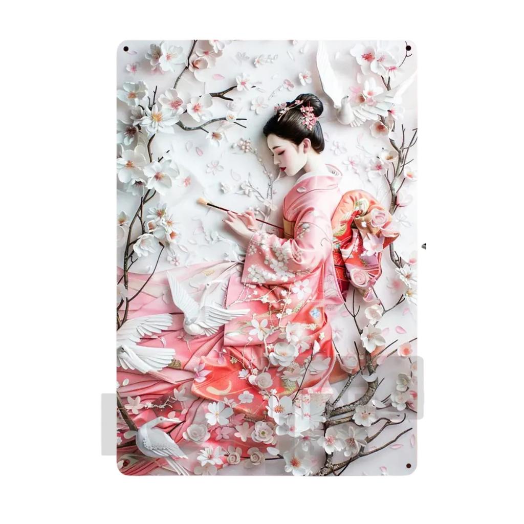 2D Japanisches Kunstposter Kimono Kirschblüten, elegantes Retro Geisha Metallschild, Zuhause, Zimmer, Büro, Izakaya, Café, Studio Wanddekor