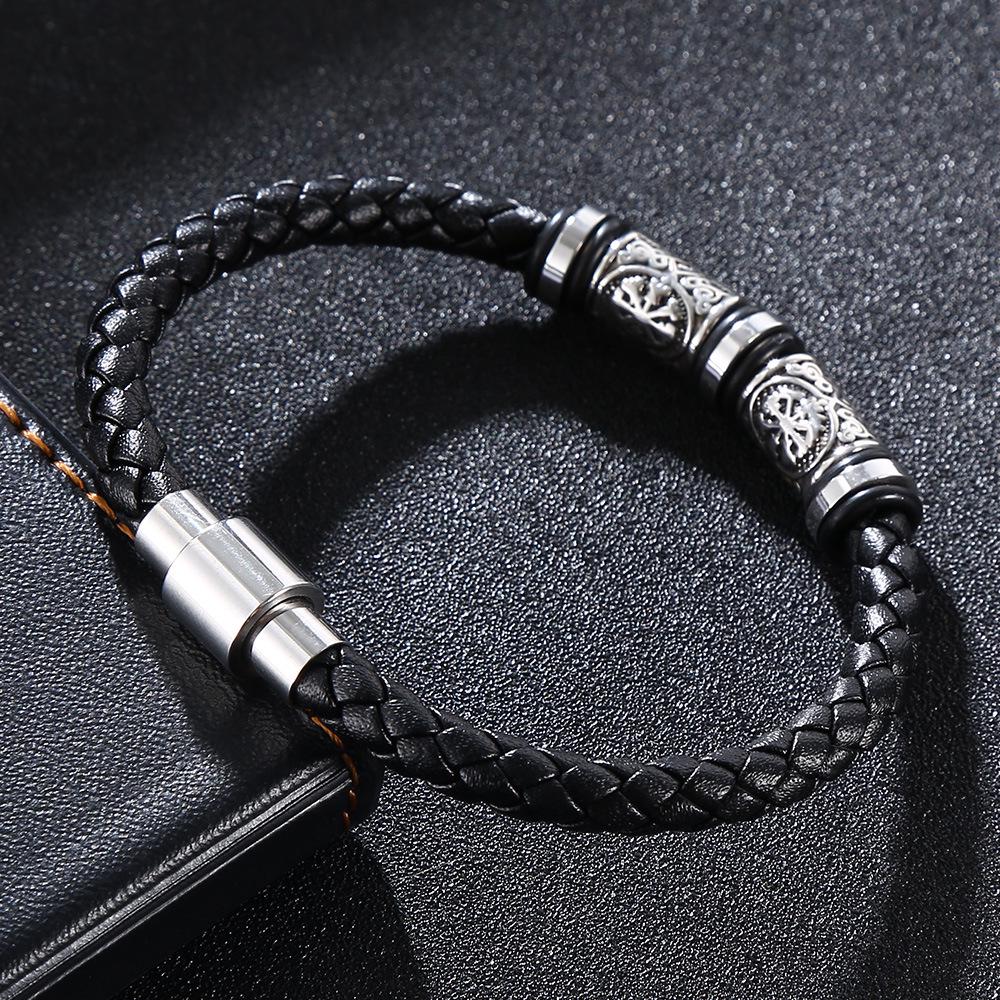Trendy European-American Woven Leather & Stainless Steel Bracelet