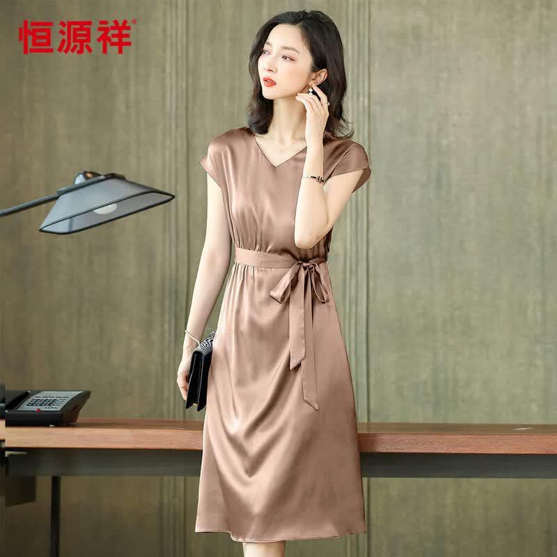 Hengyuanxiang Elegant Slim Fit V-Neck Short Sleeve Silk Dress