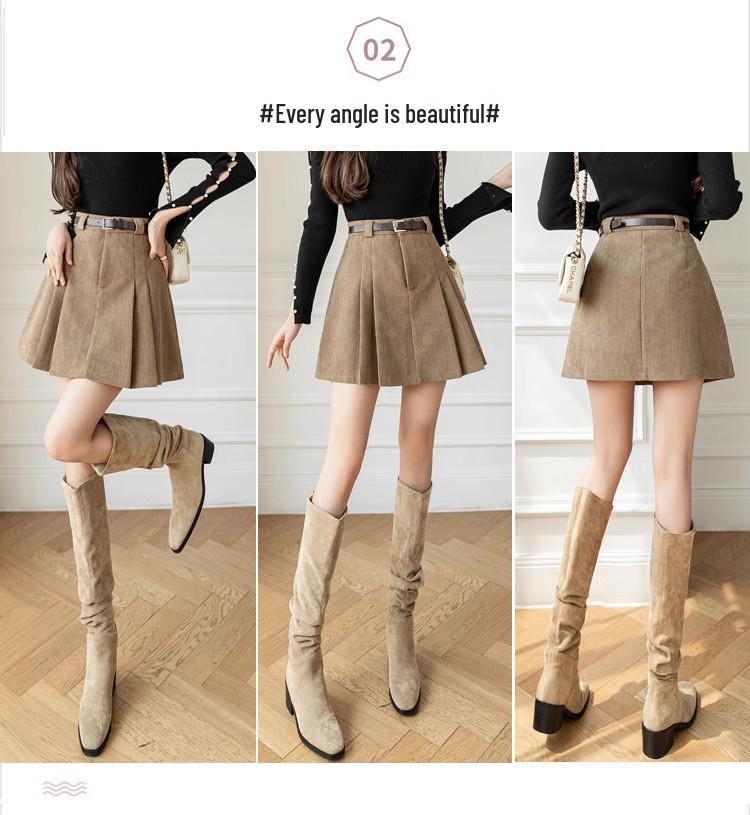 Women's High-Waist Khaki Corduroy A-Line Pleated Midi Skirt for Autumn/Winter 2025
