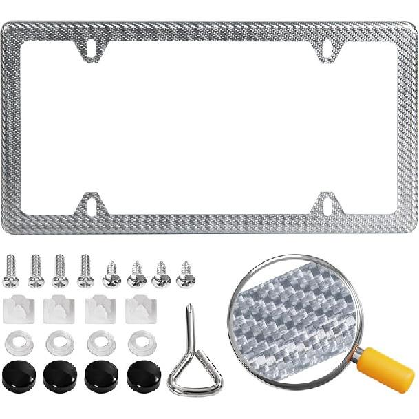 Real Carbon Fiber License Plate Frame, 100% Pure Carbon Fiber Frame, Black License Plate Holder Cover With Screw Caps, Anti-Vibration Pads, (Twill 2