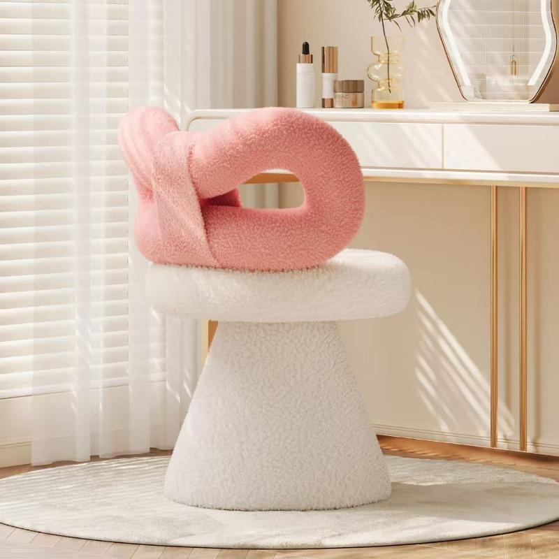 Cream Vanity Stool with Bow Back, Rotating Faux Sheepskin Makeup Chair,Nail Salon Stool for Dressing Table,Aesthetic Home Decor