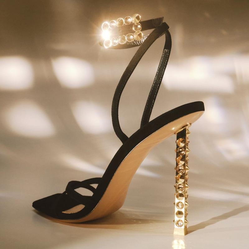 

Fashion 2025 French Summer New Pointy Line With Golden Party Sandals For Women Casual Hollow Open Toe High Heels 40