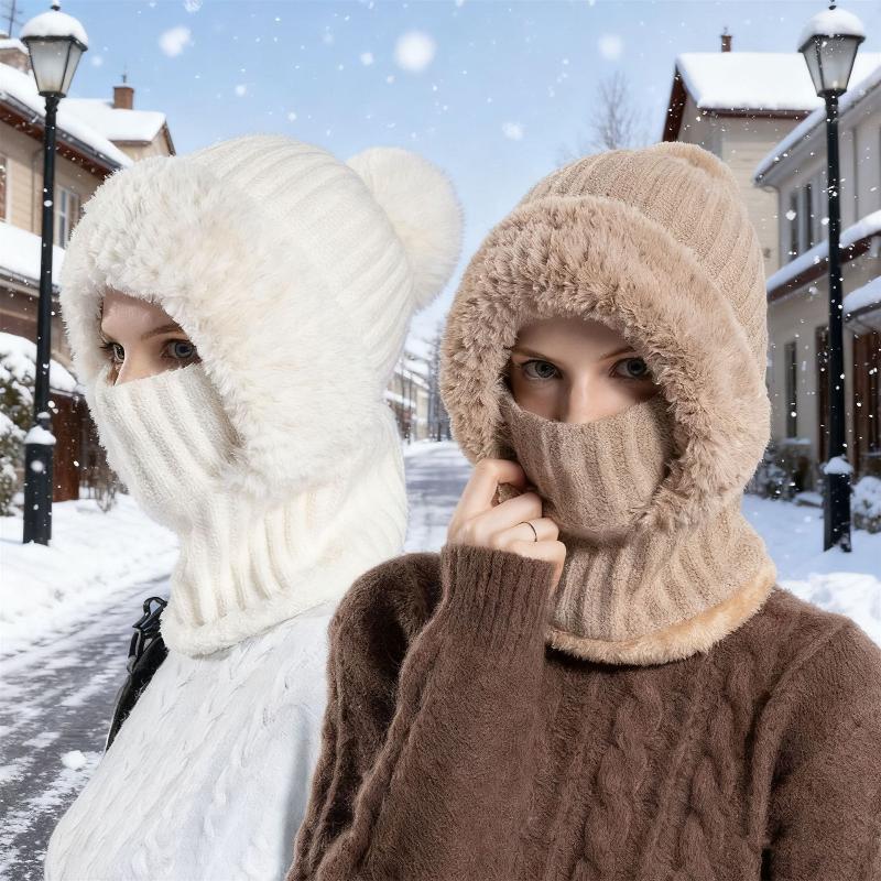 Women Hooded Cap Winter Knitted Balaclava Hat Ear Protection Fluffy Hat Lady Mask Neck Integrated Warmth Cover Hat