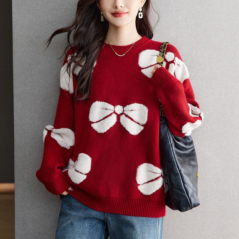 

Красный новогодний вязаный свитер Женский Новый модный и стильный базовый свитер с бабочкой Большого размера Женская одежда One size красный
