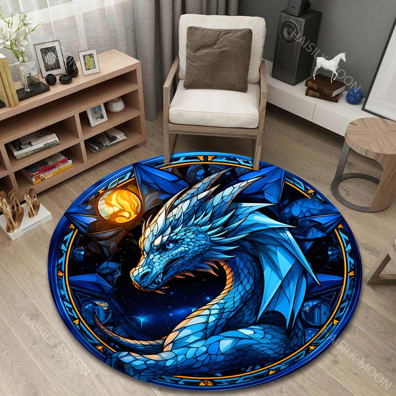 Multiple Sizes Blue Dragon, Starry Background Print Round Carpet Living Room Bedroom Table Chair Sofa Decorative Carpet