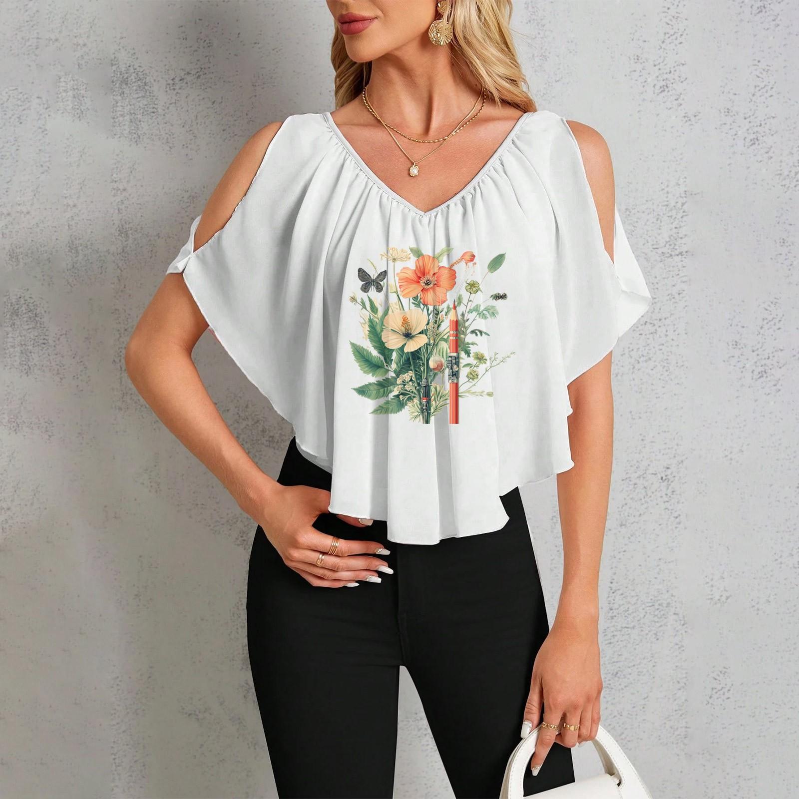Women s Casual V-Neck Off-Shoulder Hawaiian Print T-Shirt L циан