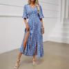 Women Spring Short Lantern Sleeve Floral Print V-neck Dress Summer Casual A-Line Ankle-Length Elastic High Waist Slit Bohemian Beach Dresses