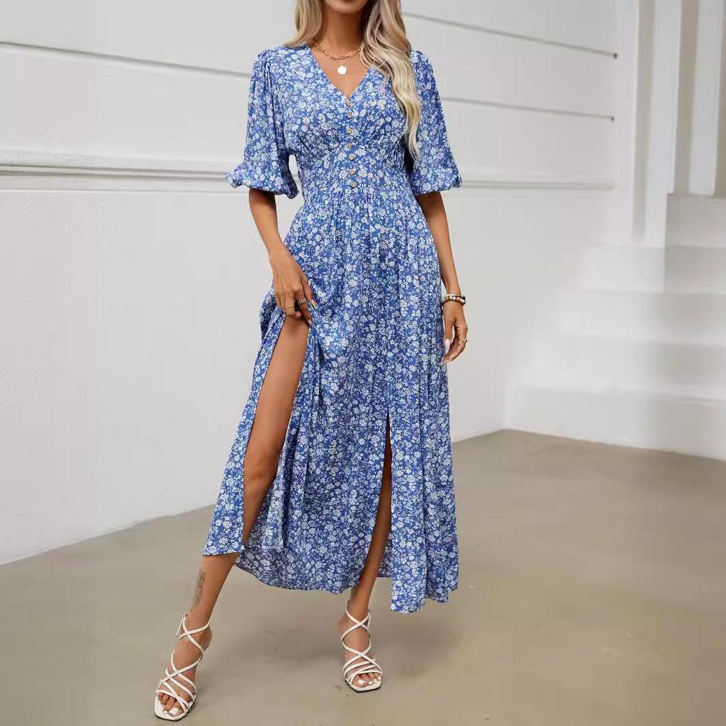 Women Spring Short Lantern Sleeve Floral Print V-neck Dress Summer Casual A-Line Ankle-Length Elastic High Waist Slit Bohemian Beach Dresses