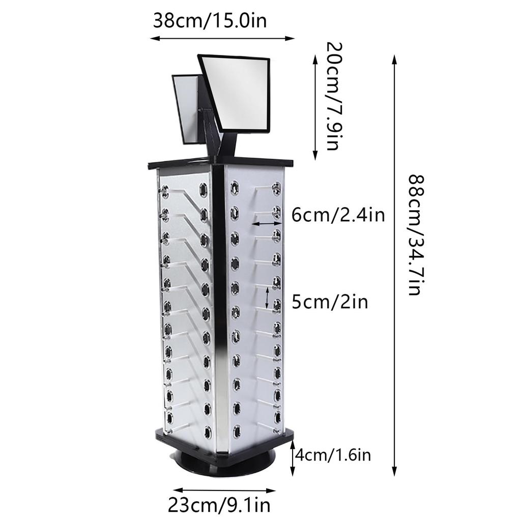 360° Rotating Eyeglasses Display Stand - 44-Pair Capacity,  Aluminum Composite & Wood Construction, Silver/Black - with Adjustable Mirrors