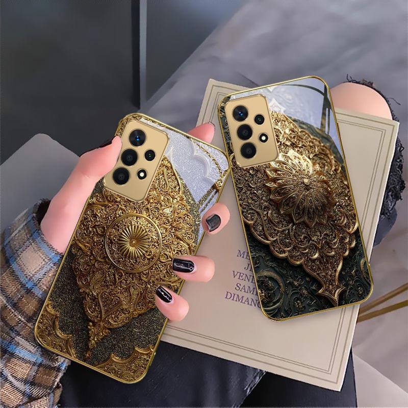 Golden Classical Emblem For Samsung A 01 52S A04 A05S A10 A12 A13 22 23 24 36 42 M02 Note 10 20Ultra 8 9 Golden Glass Phone Case
