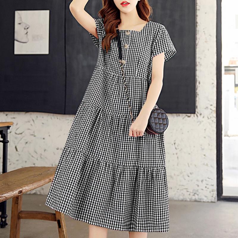 ZANZEA Women Plaid Print Summer Casual Square Collar Short Sleeve Dress
