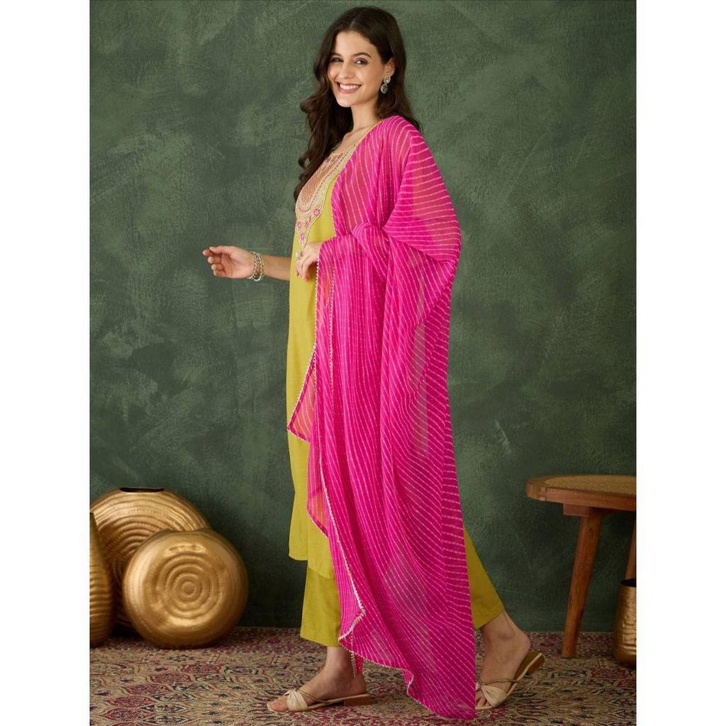 Damen Rayon Bestickter Gerader Kurta mit Hose und Dupatta Sets