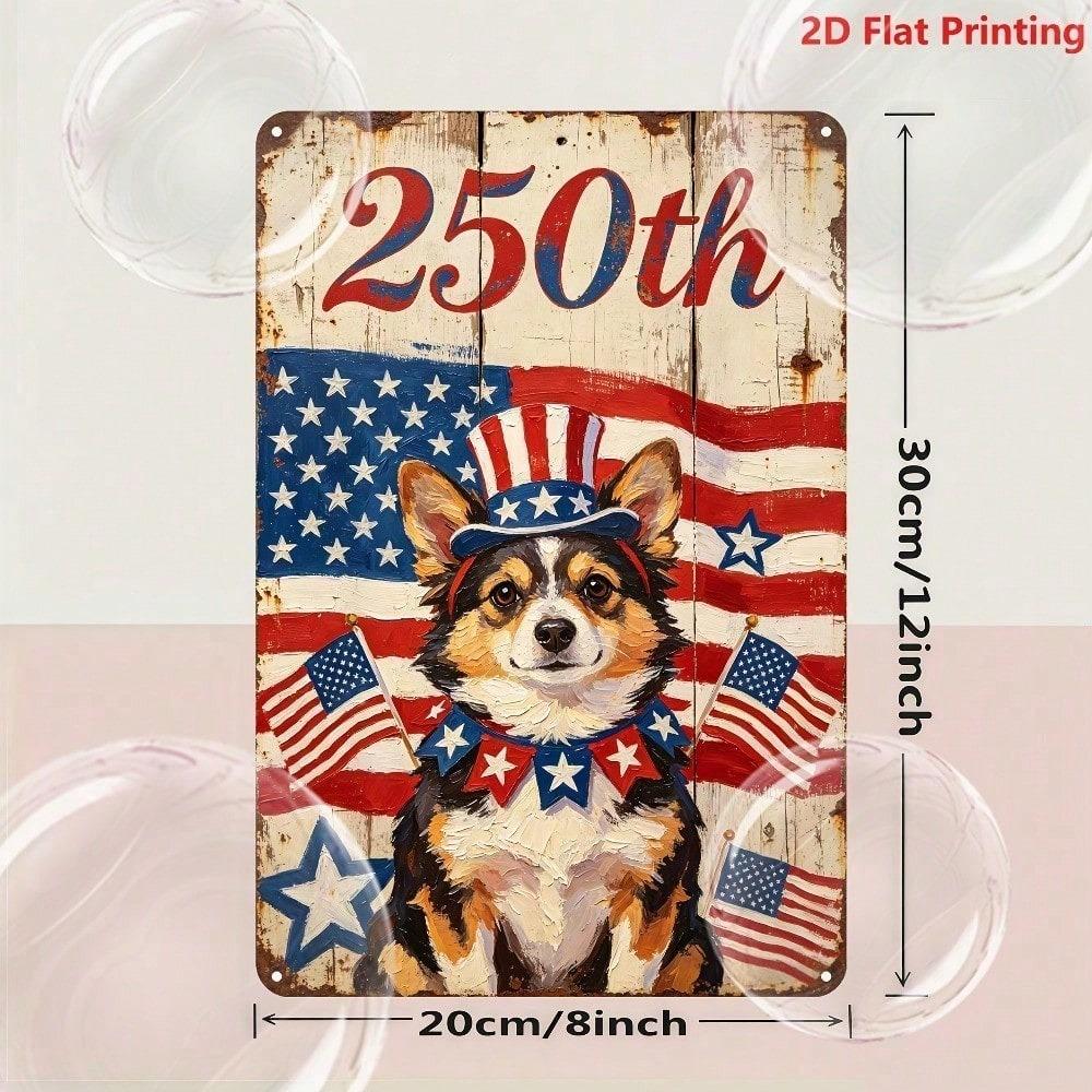 2D Flat Metal Sign 8x12 Inch Vintage Corgi Patriotic Wall Art American Independence Day Pre Drilled Home Decor