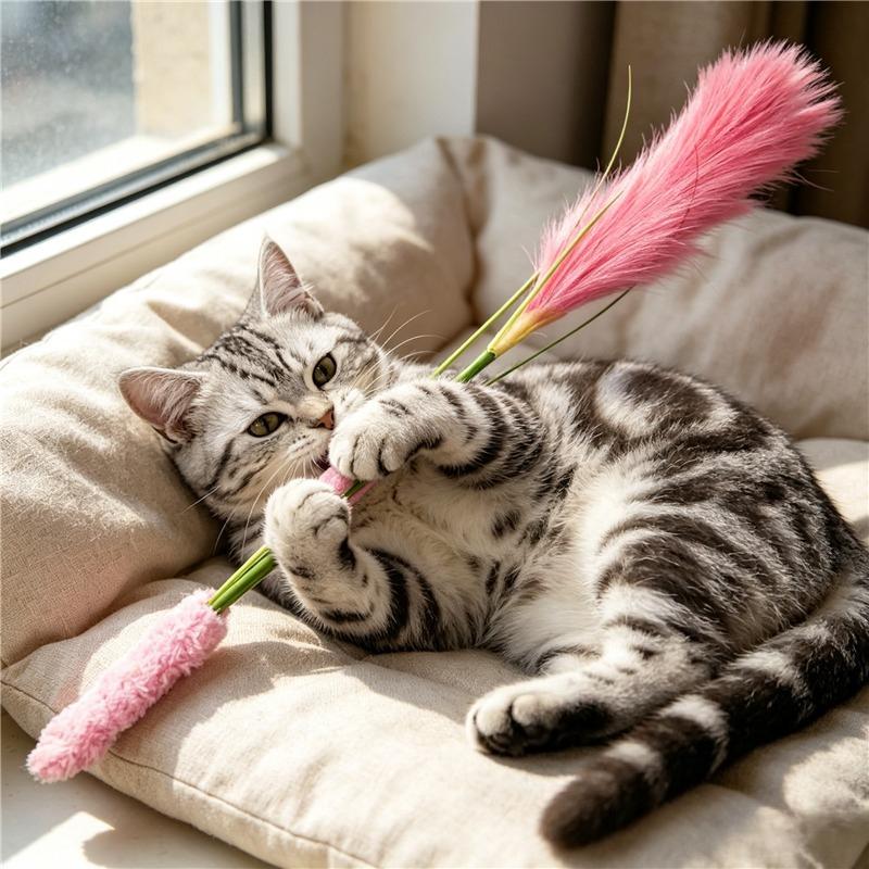 Cat Interactive Toy Reed Grass Cat Teasing Stick Feather Toy Long Pole Kitten Teasing Stick Bite Resistant Sound Toy Cat Supplie