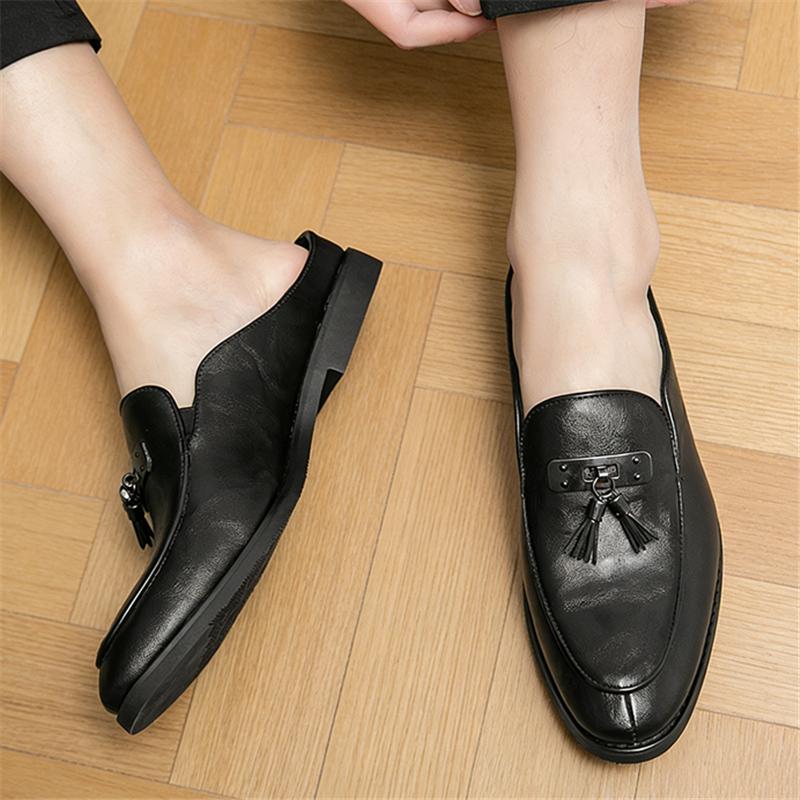 Designer Fashion New Men Black Tassels Half Slippers Shoes Casual Pu Leather Mules Moccasins Breathable Loafers Zapatos Hombre