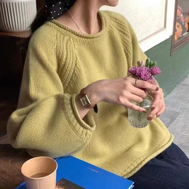 Gekräuseltes einfarbiges sanftes lockeres Strickoberteil vielseitiger lässiger weicher wachsartiger Pullover mit niedrigem Rundhalsausschnitt für Damen