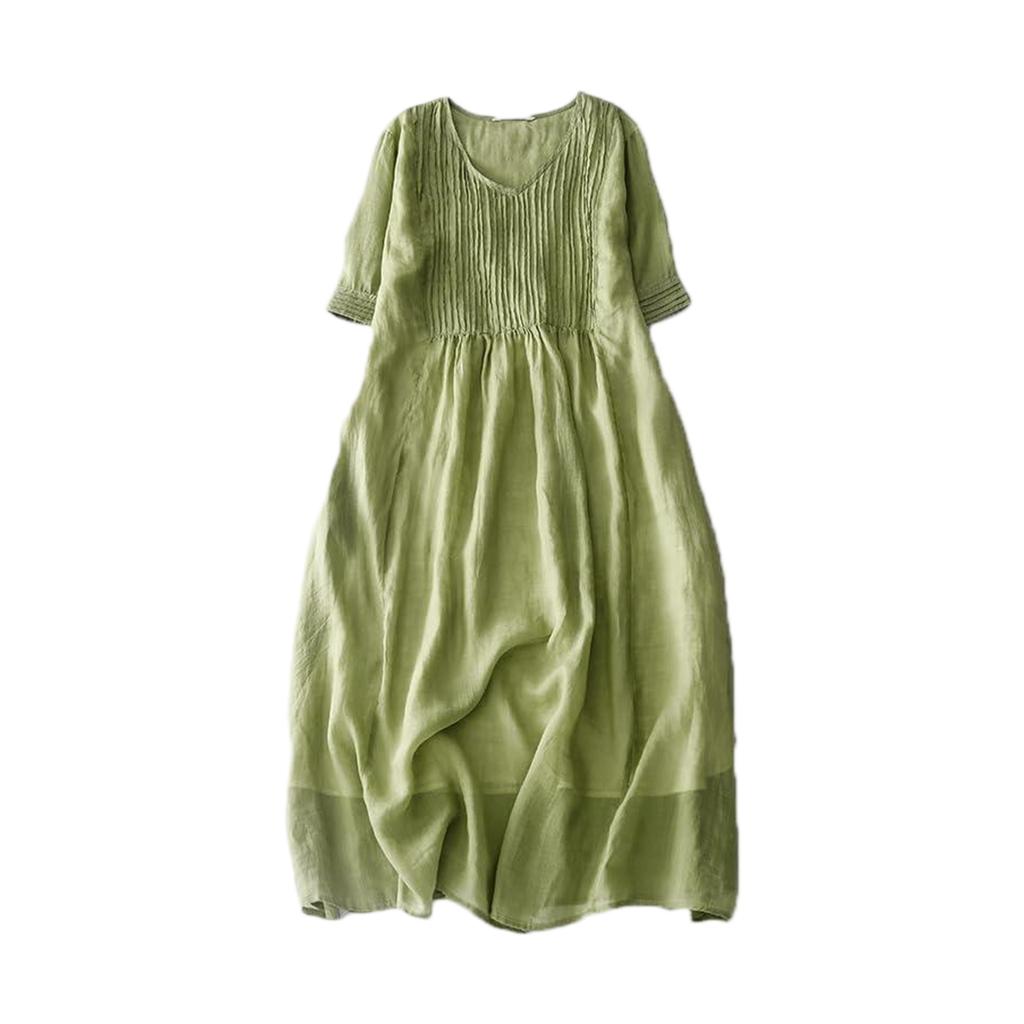 Vintage Style Accordion Pleated Dress V Neck Linen Blend Long Dress Women Lightweight Breathable Casual Loose Fit Dress