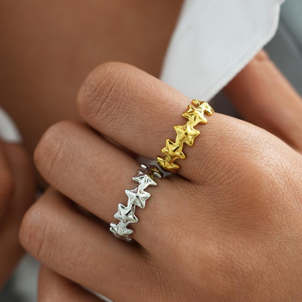 Edelstahl Stern Perlenringe für Damen Kreativer Öffnungsring Zweifarbig Damen Trendiger Täglicher Lässiger Schmuck Kein Verblassen