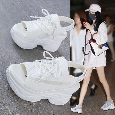 Sportliche Sandalen mit dicker Sohle, Keilabsatz, Peeptoe-Sandalen für Damen, High Heel, atmungsaktives Mesh, erhöhend, lässige Sandalen