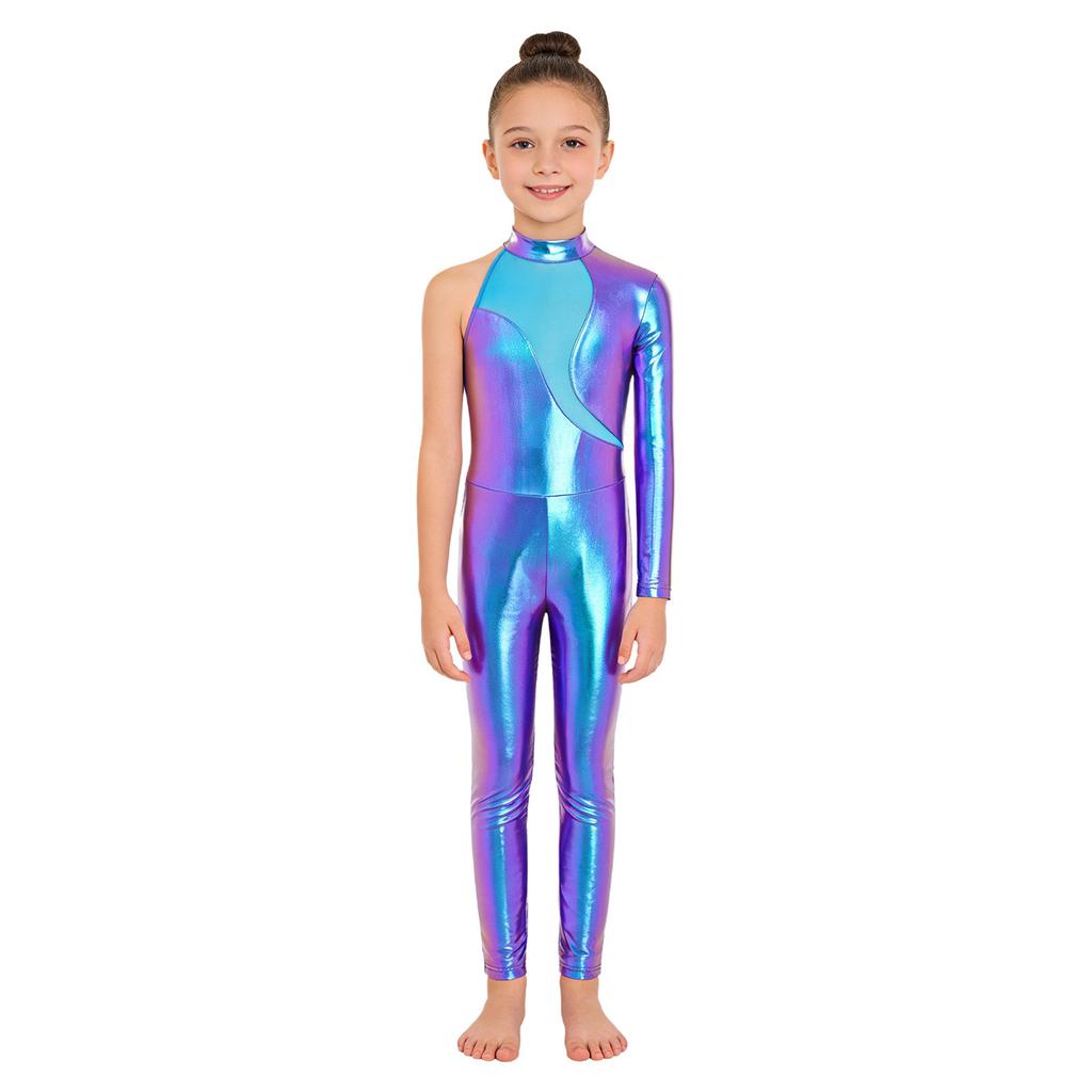 Girls Stage Performance Jumpsuit: Asymmetrical Metallic Mock Neck Mesh Patchwork Back Invisible Zipper Bodysuit Dancewear
