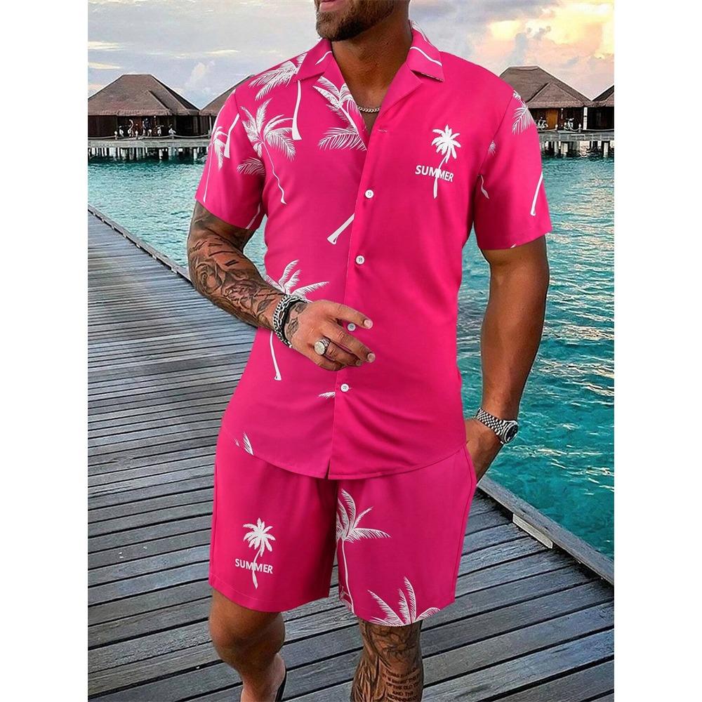 Summer New Men's Coconut Print Shirt Set High-quality Fashion Trend Shorts Hawaiian Style Casual Pool Top Outdoor Beach Two-piece Set