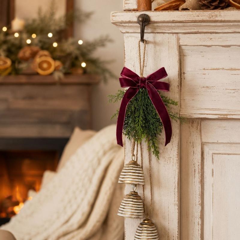 Christmas Bell Door Decoration with 3 Iron Bells, Faux Evergreen Sprigs, Wine-Red Polyester Ribbon Bowknot, and Integrated Top Loop for Hearth Shelves
